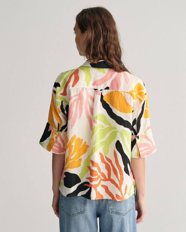 Relaxed Fit Palm Print Leinen Kurzarmbluse