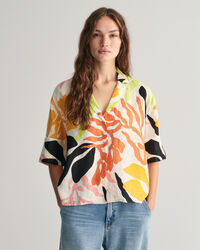 Relaxed Fit Palm Print Leinen Kurzarmbluse