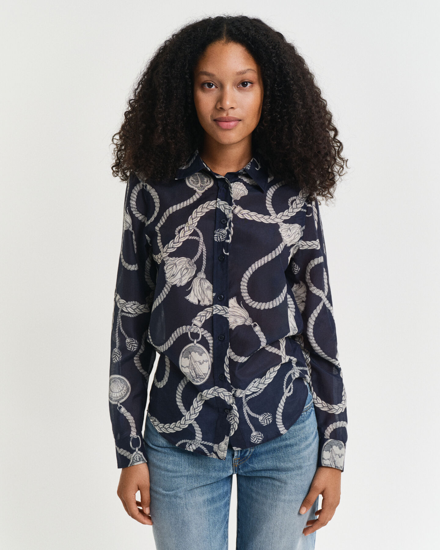 Regular Fit Sailing Print Bluse aus Baumwolle und Seide