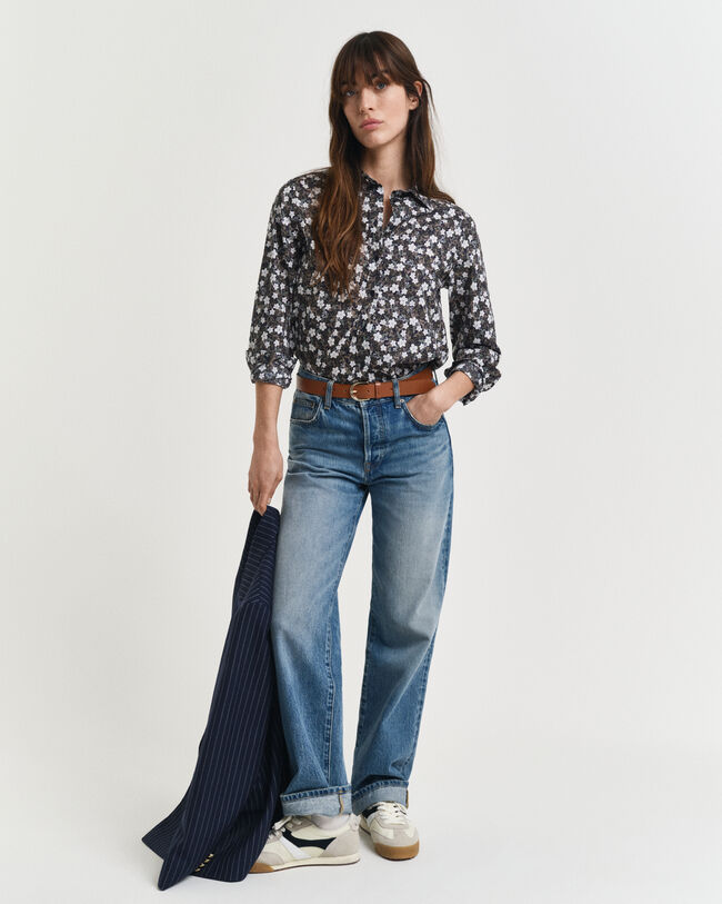 Regular Fit Baumwoll Voile Bluse mit Blumen-Print