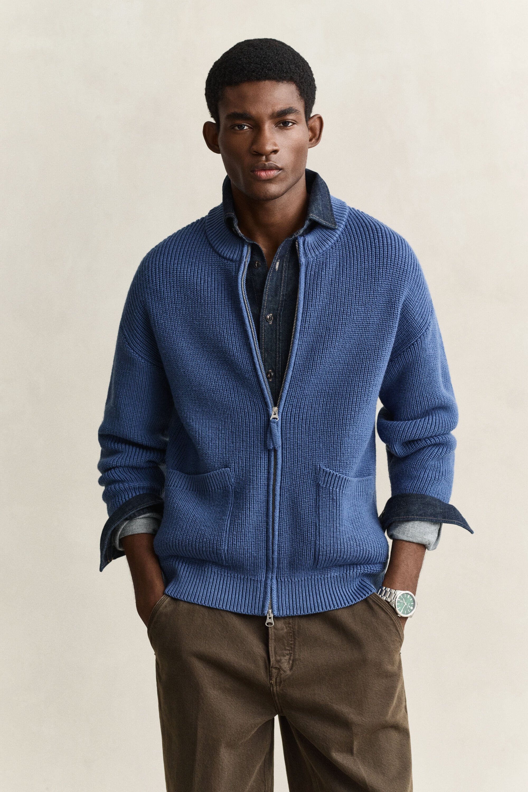 Ribbed Wool Zip Cardigan