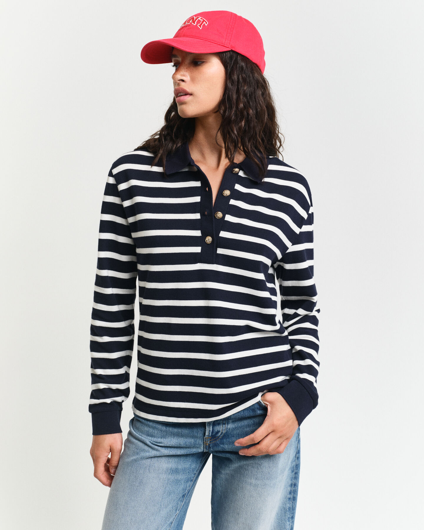 Breton Striped Piqué Langarm-Poloshirt