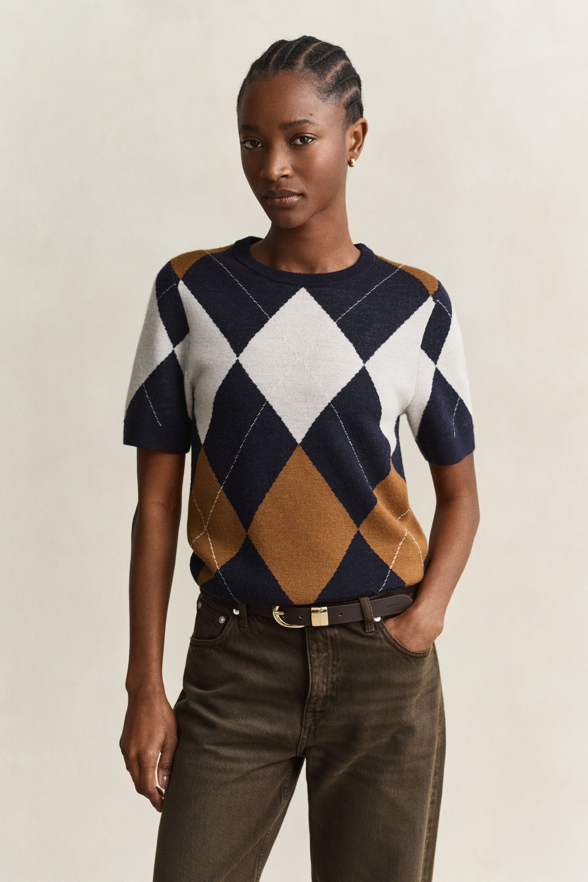 Pull à manches courtes en laine avec motif argyle
