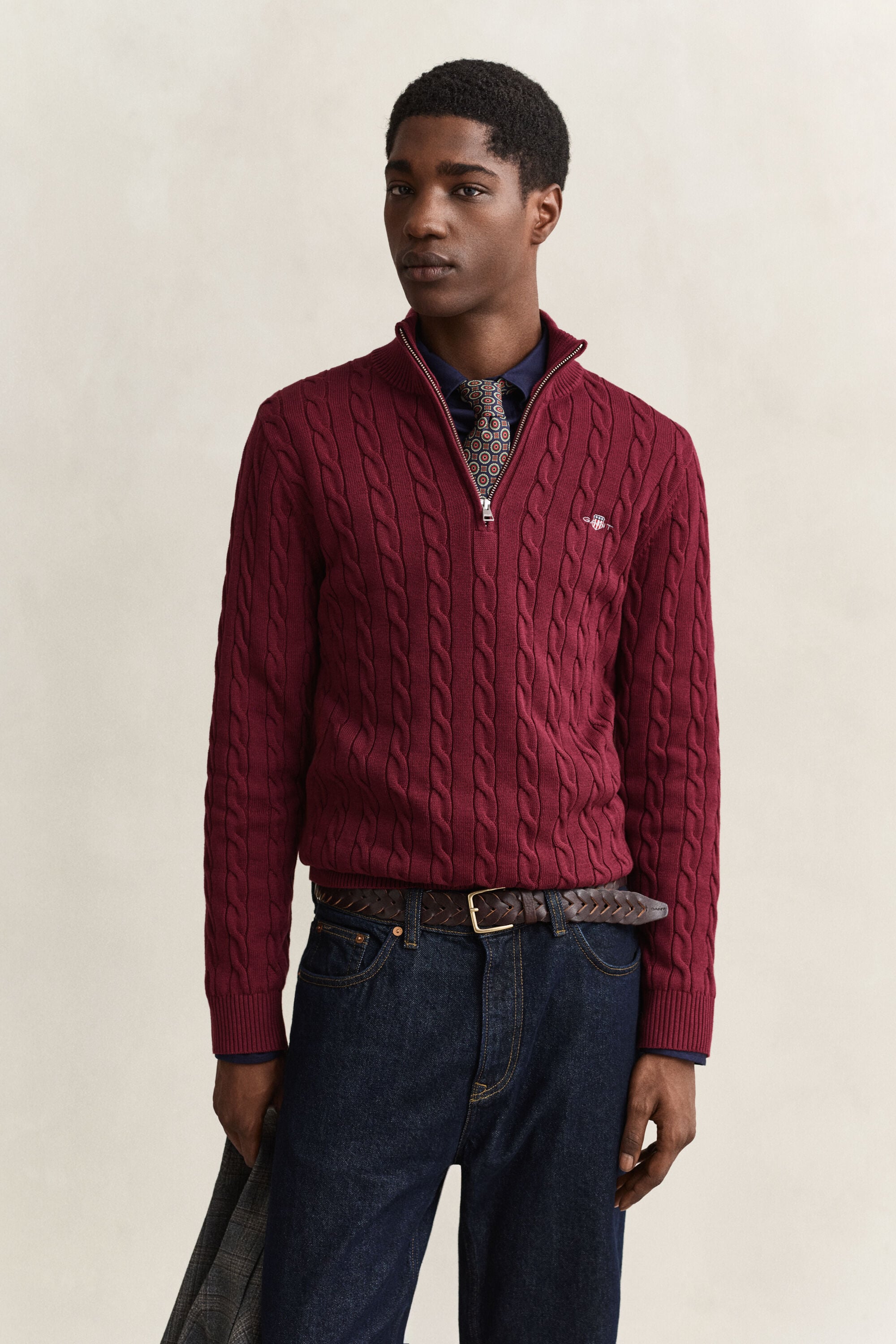 Maglia con zip corta in cotone a trecce