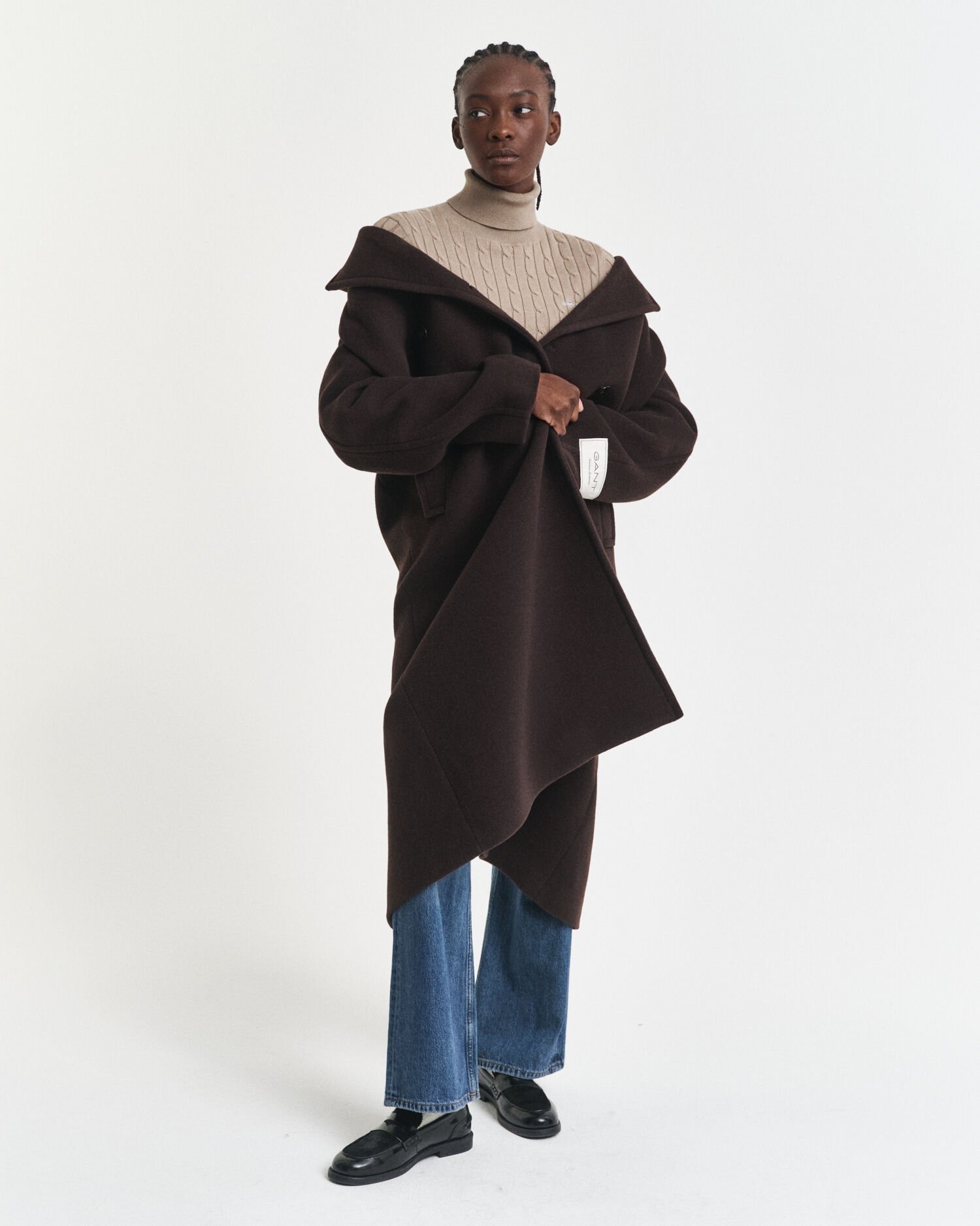 Stretch Cotton Cable Knit Turtleneck Sweater