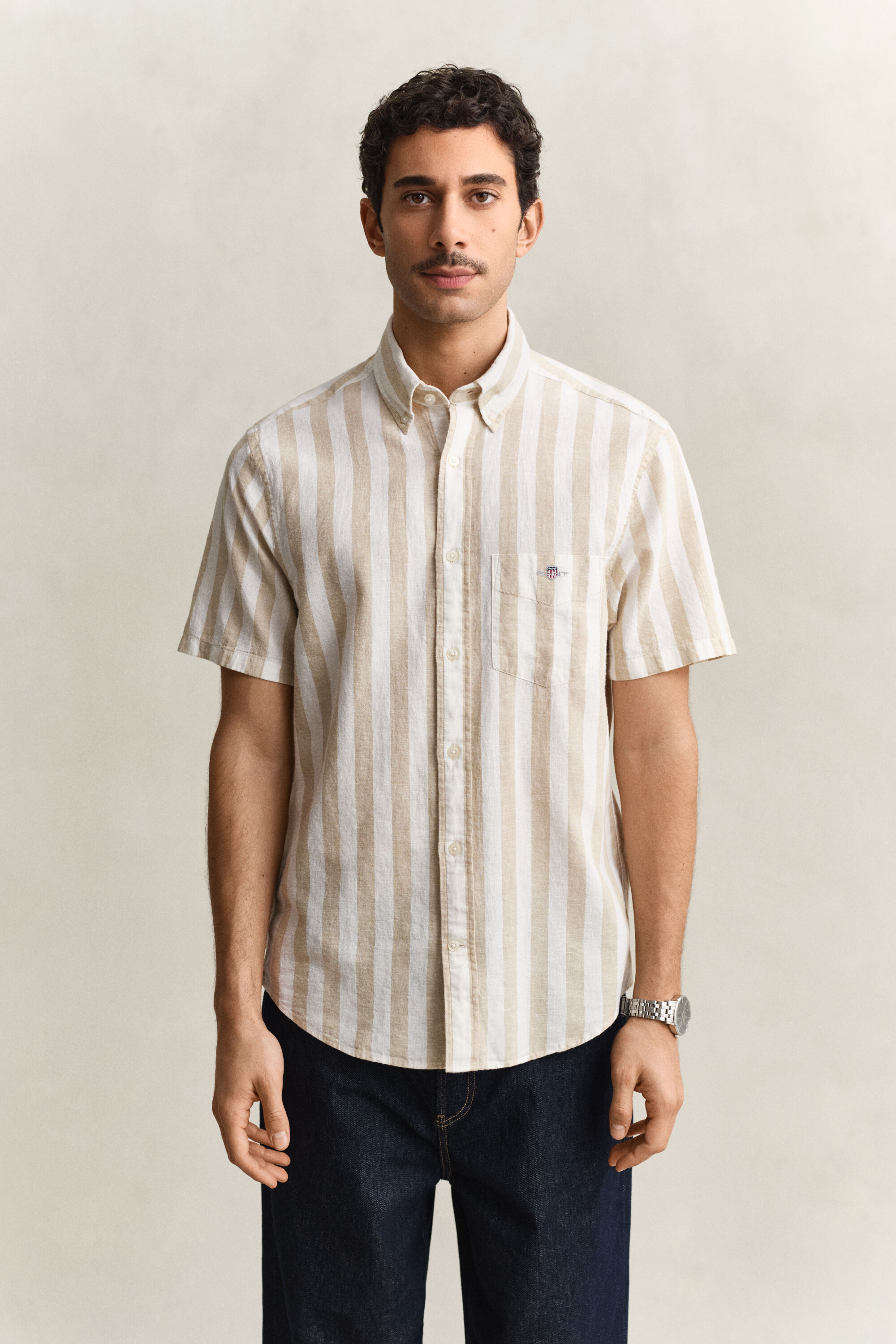Chemise à manches courtes en lin mélangé à rayures