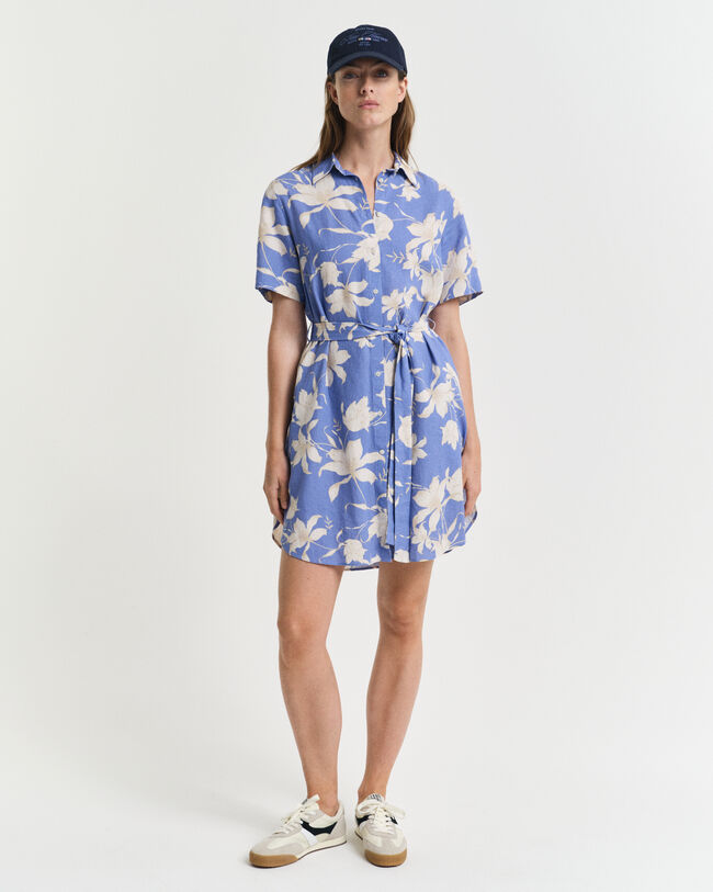 Hemdblusenkleid aus Leinen mit Blumen-Print