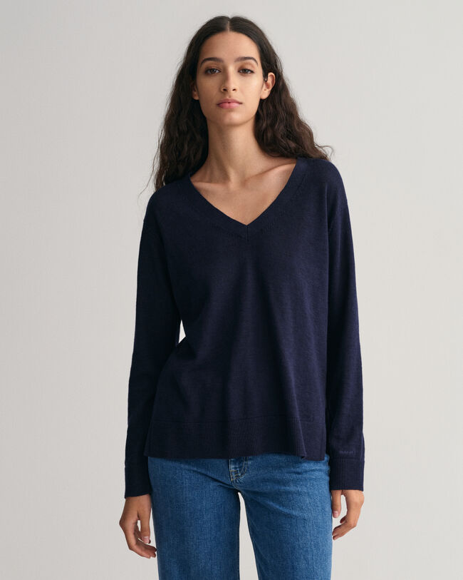 V-Neck Pullover aus Leinenmischgewebe