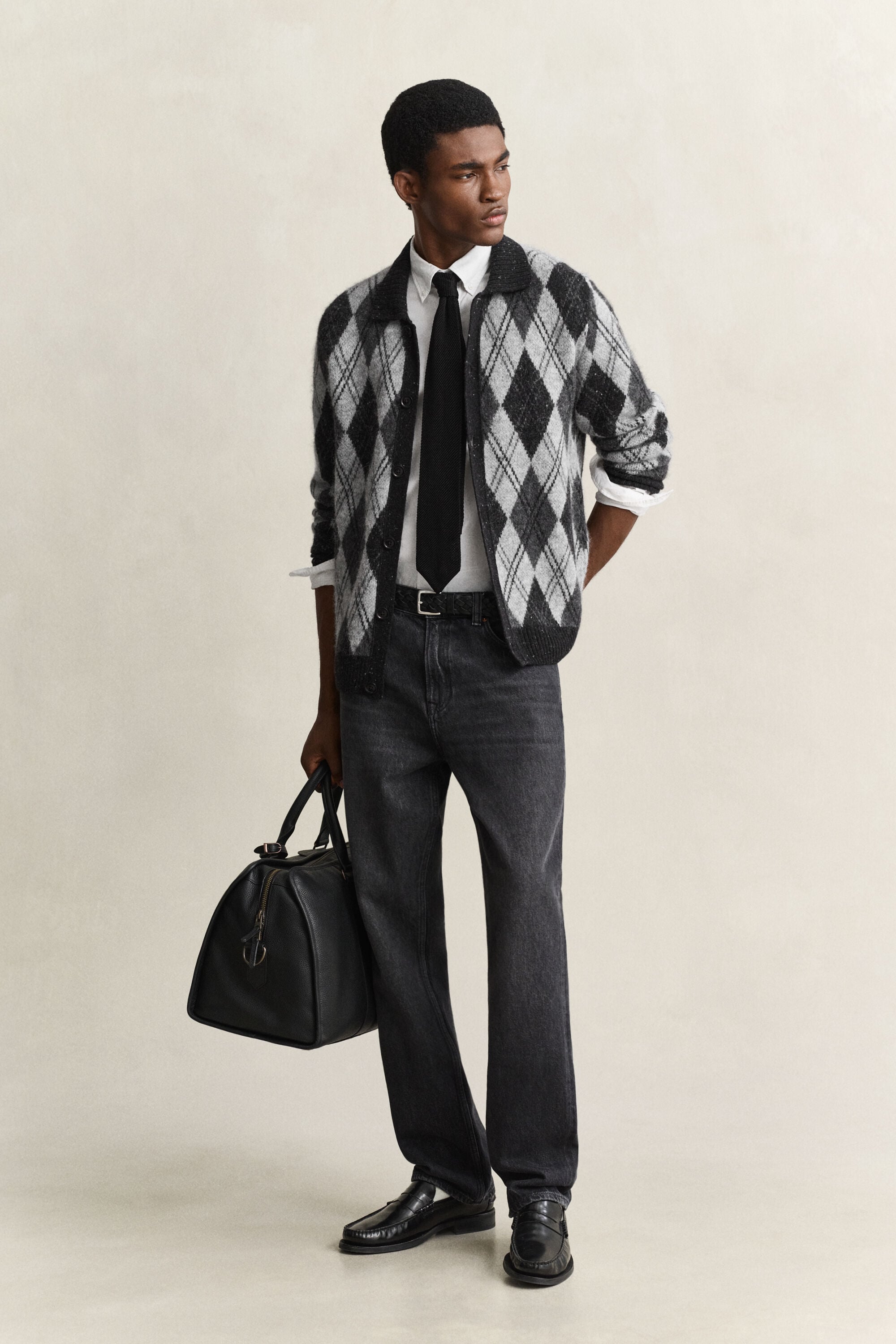Alpaca Wool Blend Argyle Polo Cardigan
