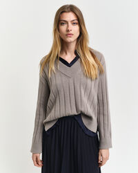 Breit gerippter V-Neck Wollpullover