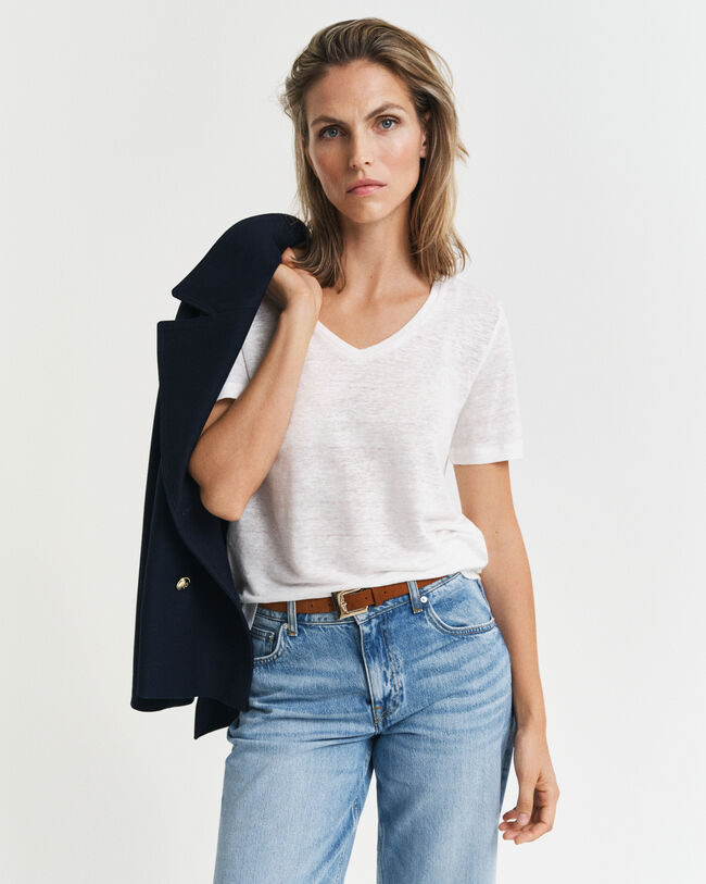 Leinen T-Shirt mit V-Ausschnitt