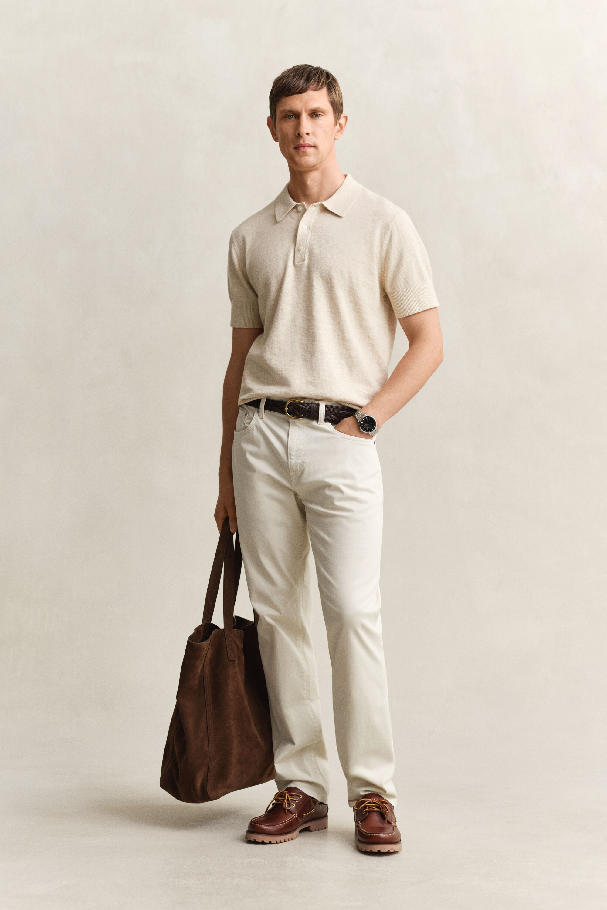 Pull à manches courtes façon polo en coton mélangé flammé