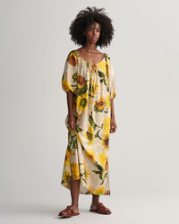 Gerafftes Kleid mit Sonnenblumen-Print