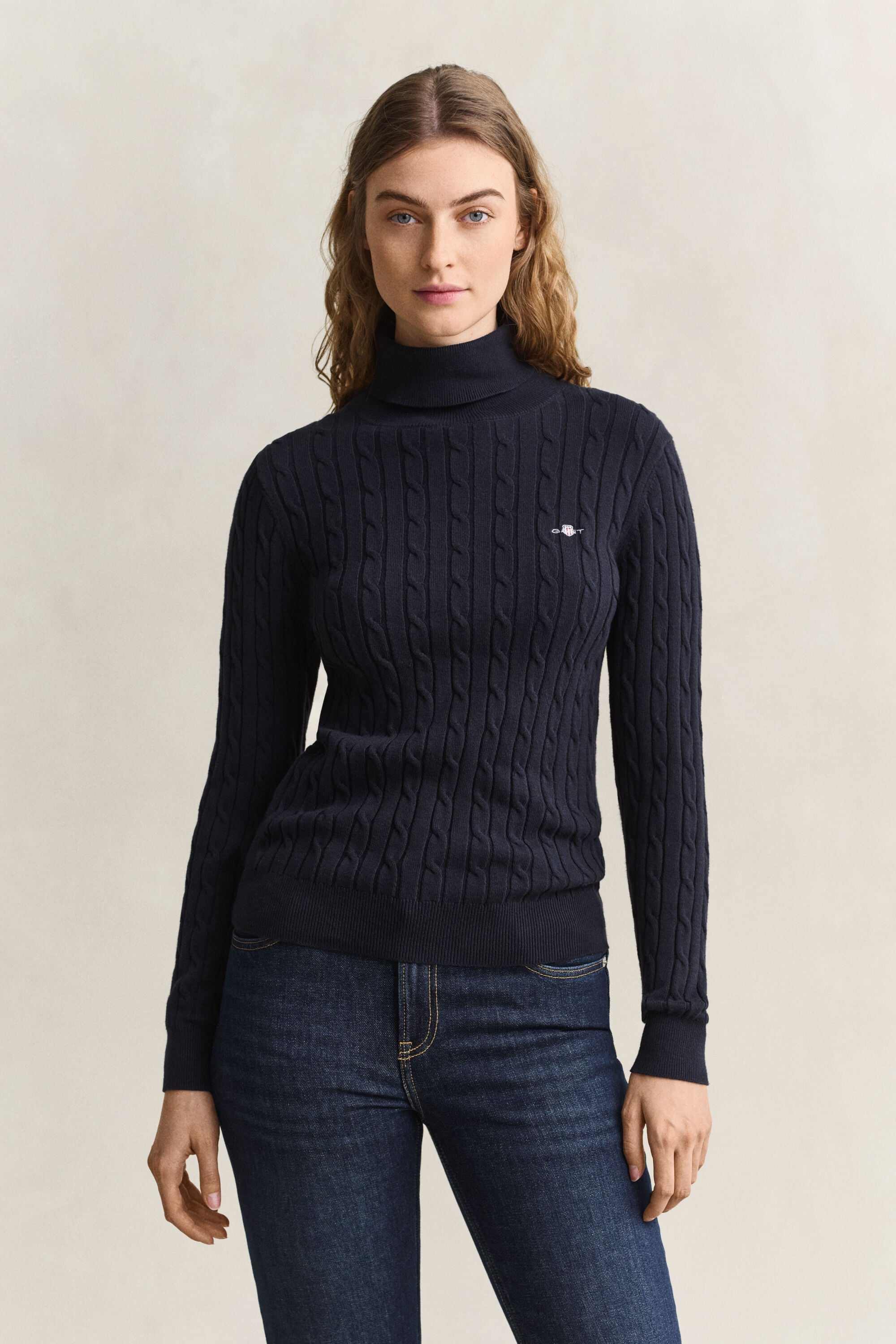 Zopfstrick Rollkragenpullover aus Stretch-Baumwolle