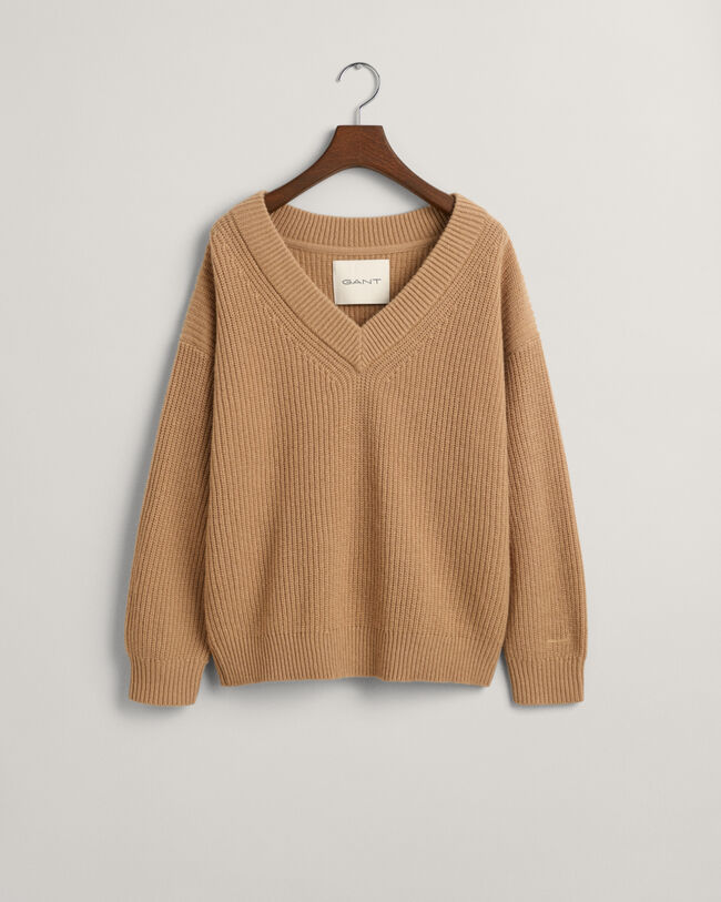 Gerippter V-Neck Wollpullover