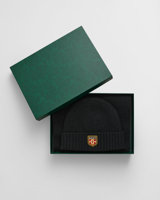 Badge Beanie und Schal aus Wolle im Geschenkset