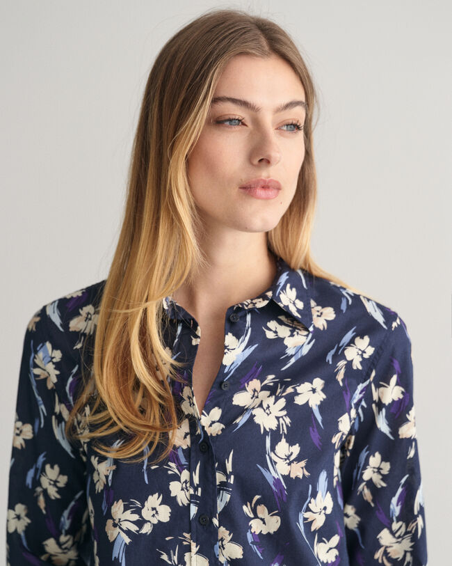 Regular Fit Baumwoll Voile Bluse mit Blumen-Print
