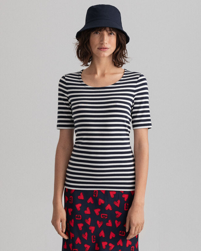 Geripptes Streifen-T-Shirt mit halblangem Arm