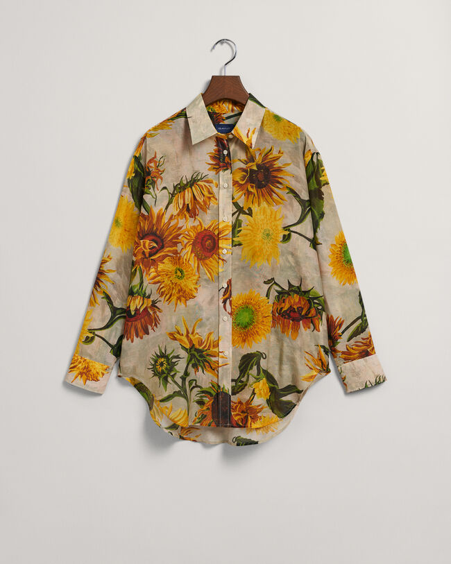 Relaxed Fit Baumwoll Seiden Bluse mit Sonnenblumen-Print