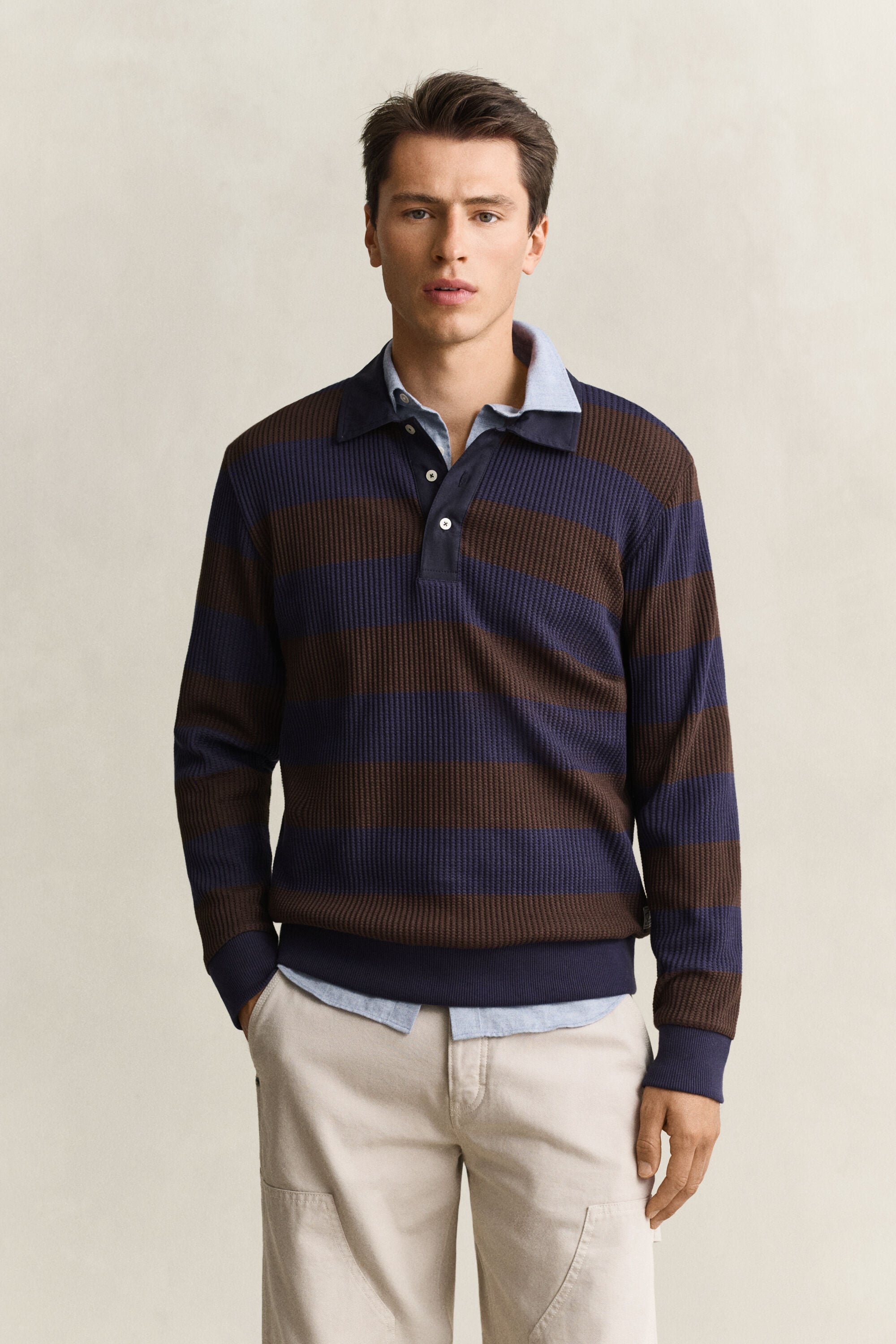 Striped Waffle Texture Polo Shirt