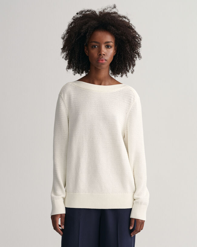 Textured Baumwoll Pullover mit U-Boot-Ausschnitt