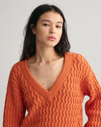 Textured V-Neck Pullover aus Baumwolle