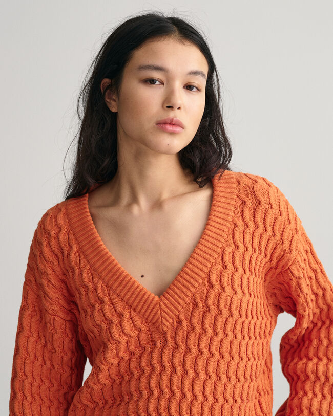 Textured V-Neck Pullover aus Baumwolle