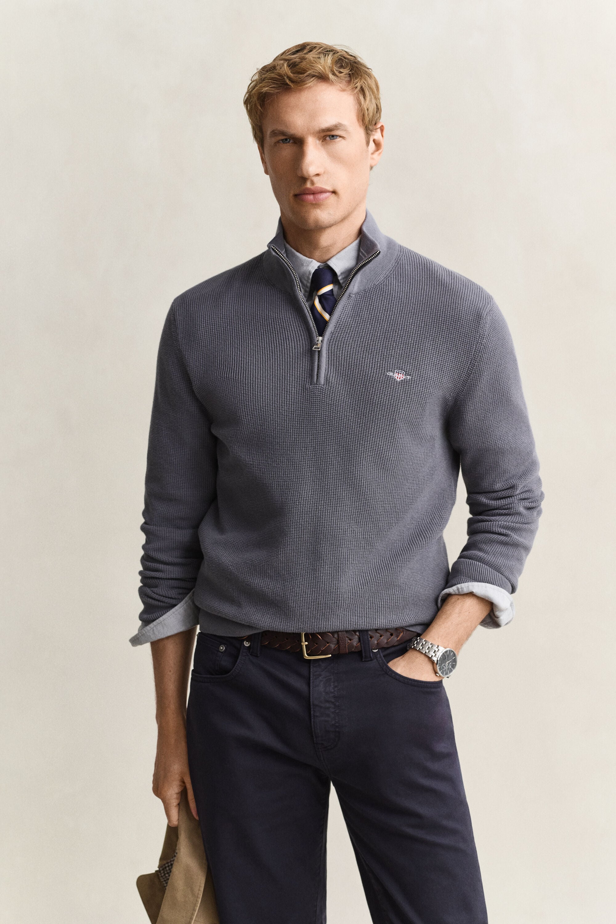 Pull à demi-zip en coton texturé