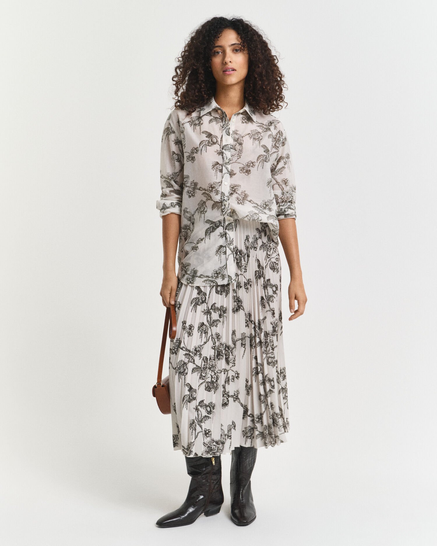 Jupe midi plissée à imprimé arbres