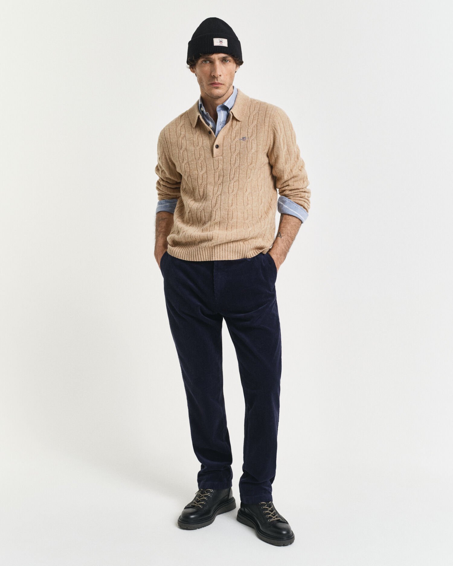 Lambswool Zopfstrick Polopullover