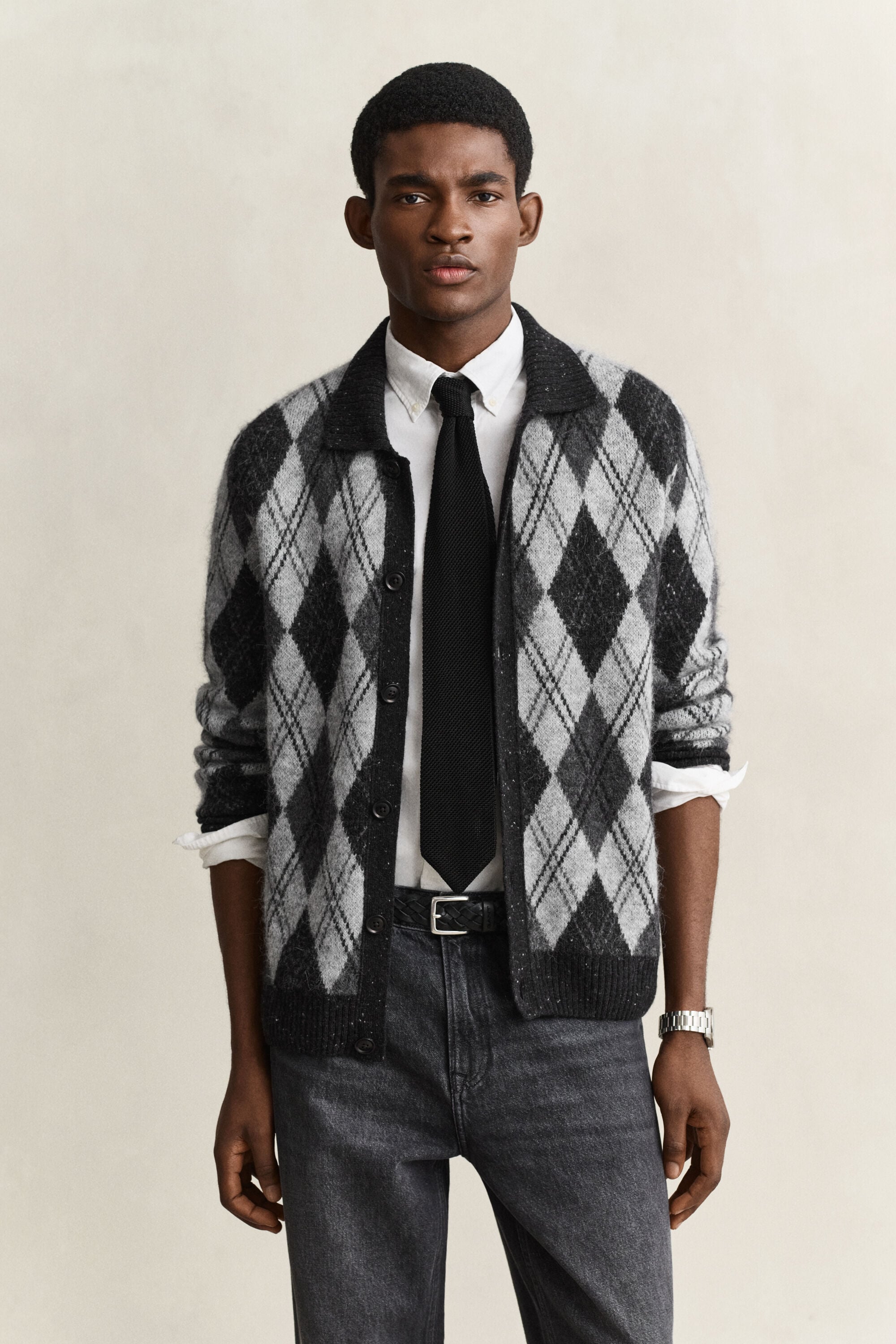 Alpaca Wool Blend Argyle Polo Cardigan