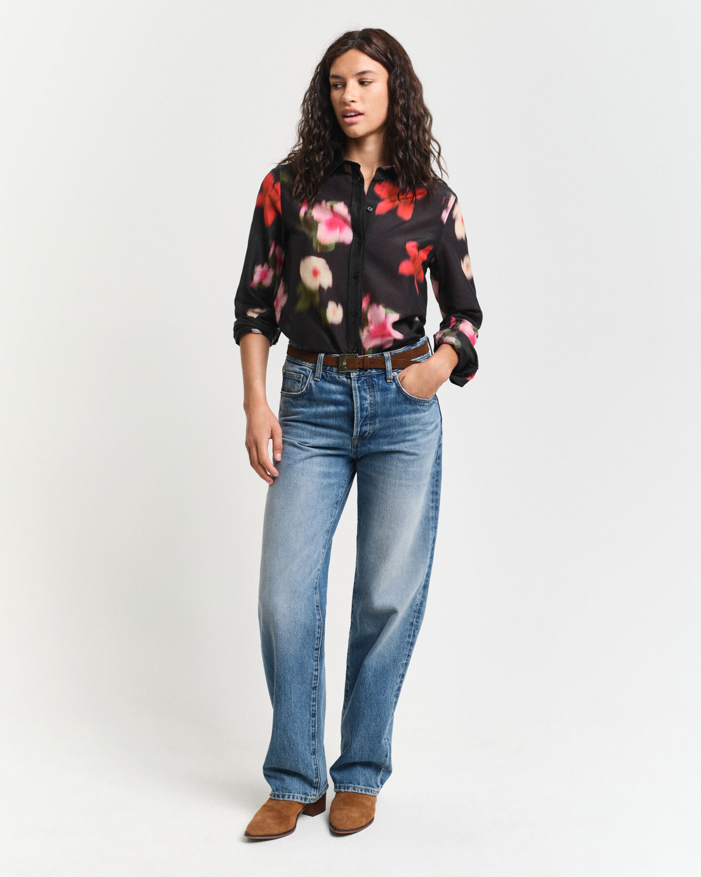 Regular Fit Baumwoll Seiden Bluse mit Blumen-Print