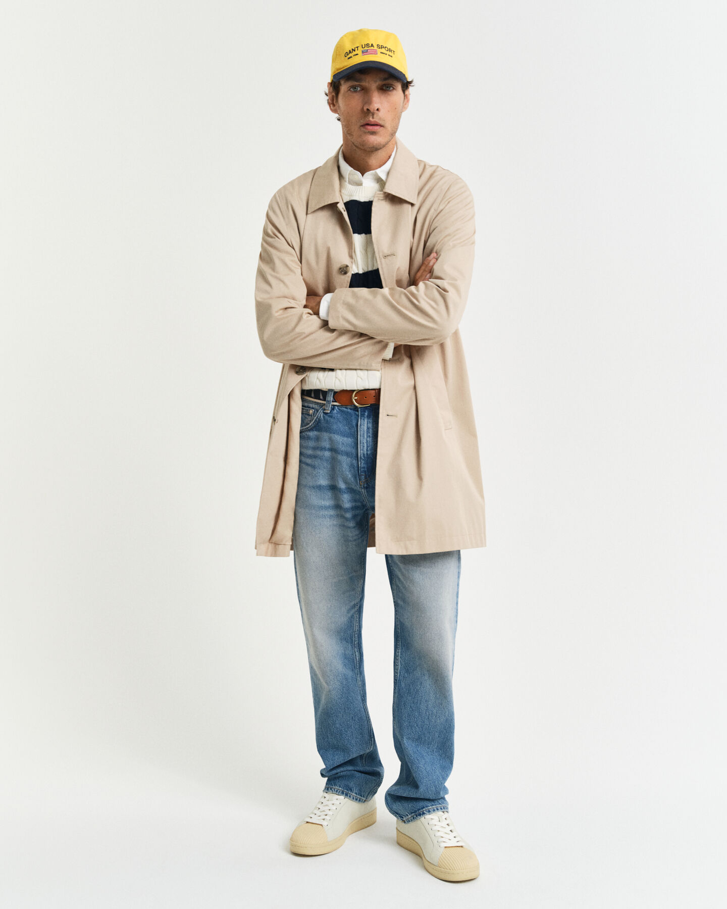 Gestreifter Zopfstrick-Rundhalspullover aus Baumwolle