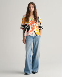 Relaxed Fit Palm Print Leinen Kurzarmbluse