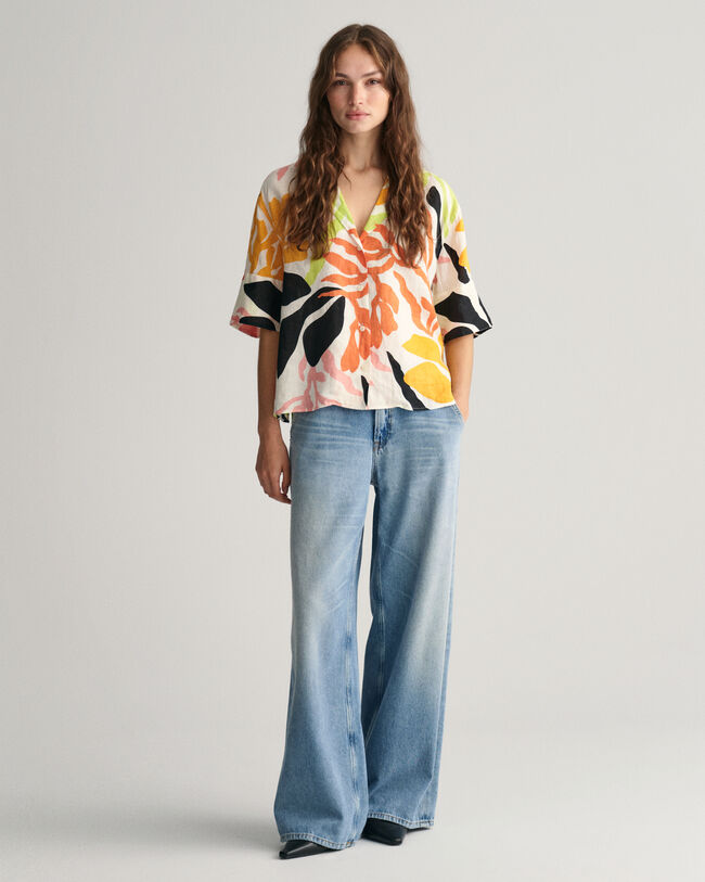 Relaxed Fit Palm Print Leinen Kurzarmbluse