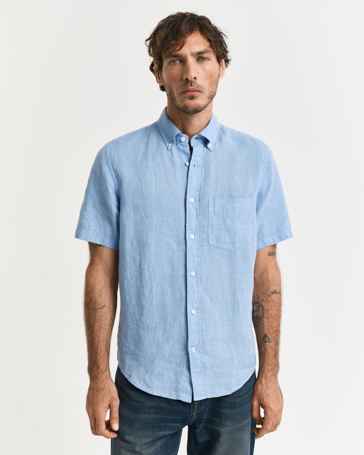 St&uuml;ckgef&auml;rbtes Regular Fit Leinen Kurzarmhemd