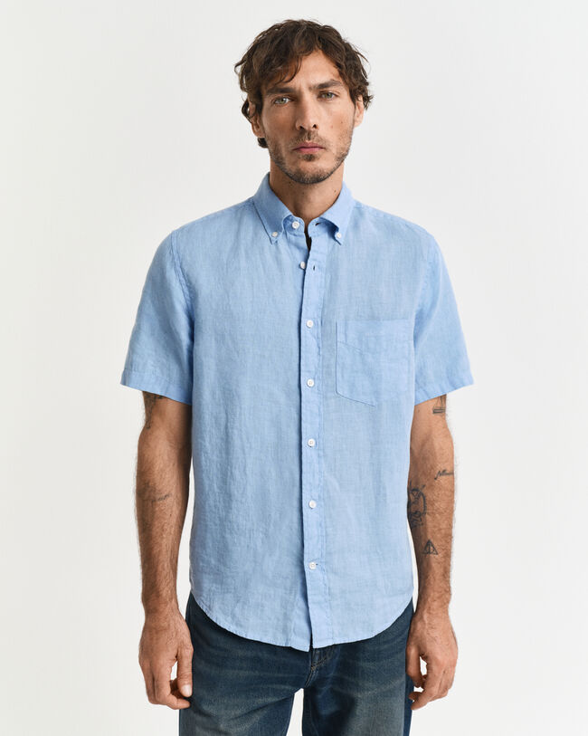 St&uuml;ckgef&auml;rbtes Regular Fit Leinen Kurzarmhemd