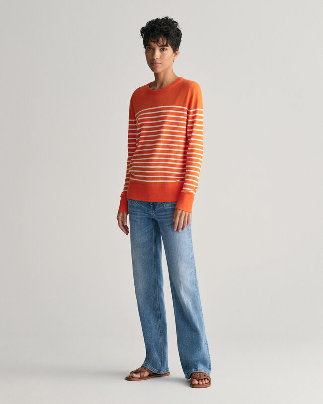 Feinstrick Rundhalspullover mit Streifen