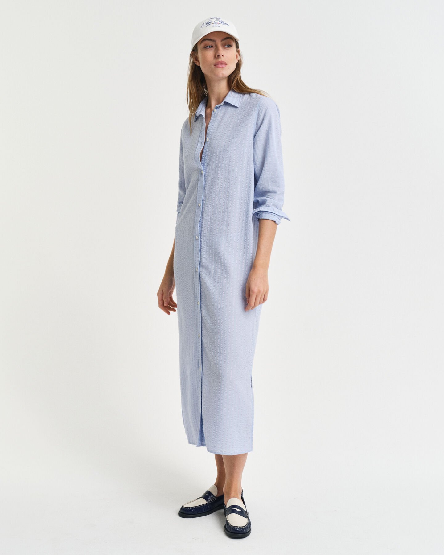 Tonal Seersucker Kleid mit Streifen