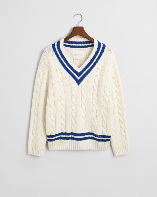 V-Neck Pullover mit Zopfmuster