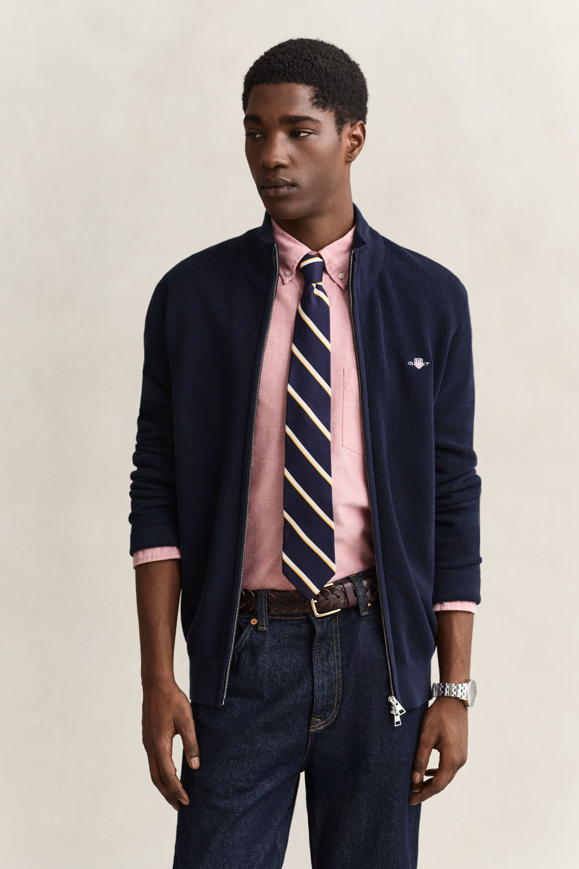 Textured Cotton Zip Cardigan