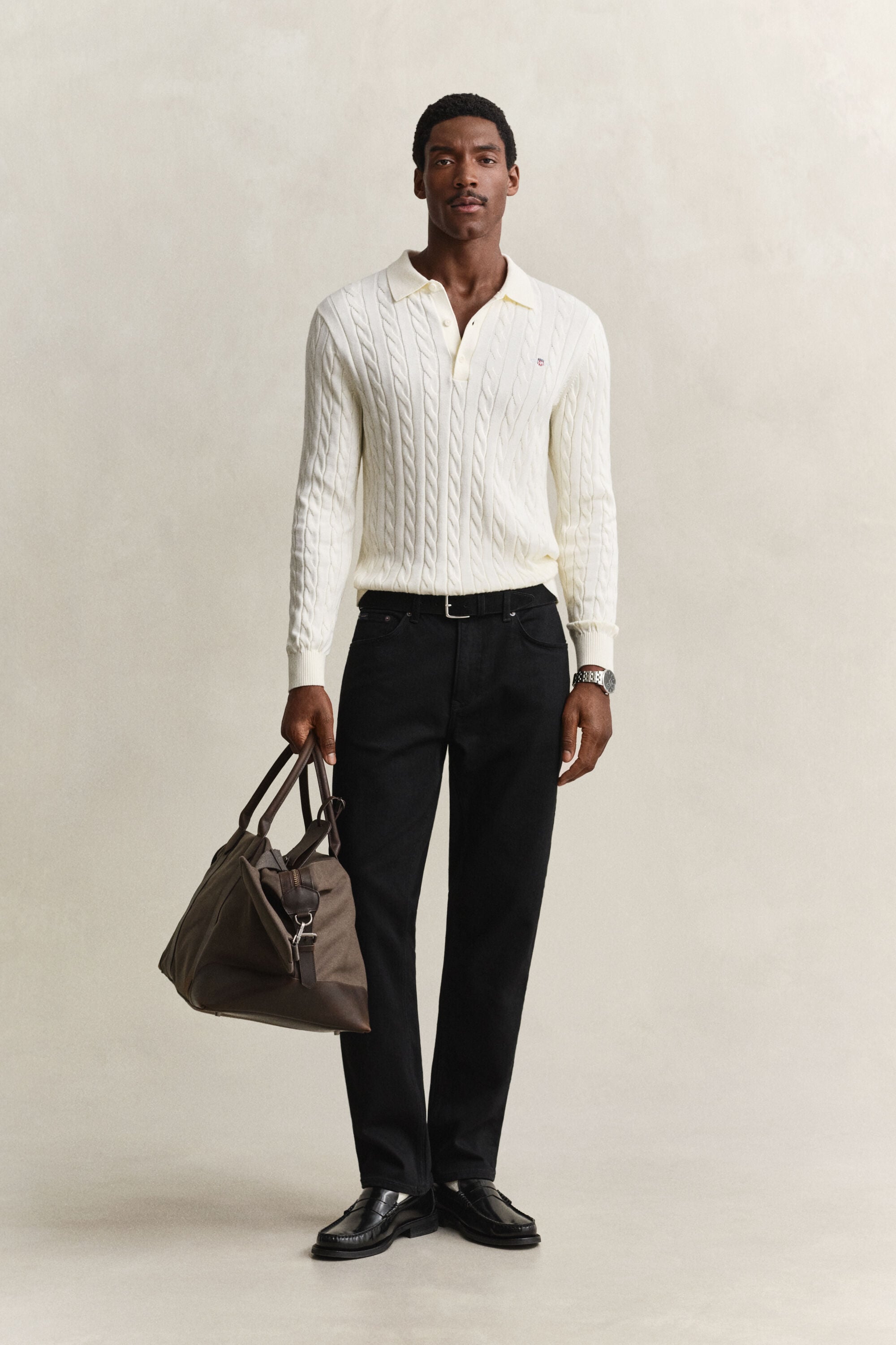 Polo in maglia a trecce in cotone