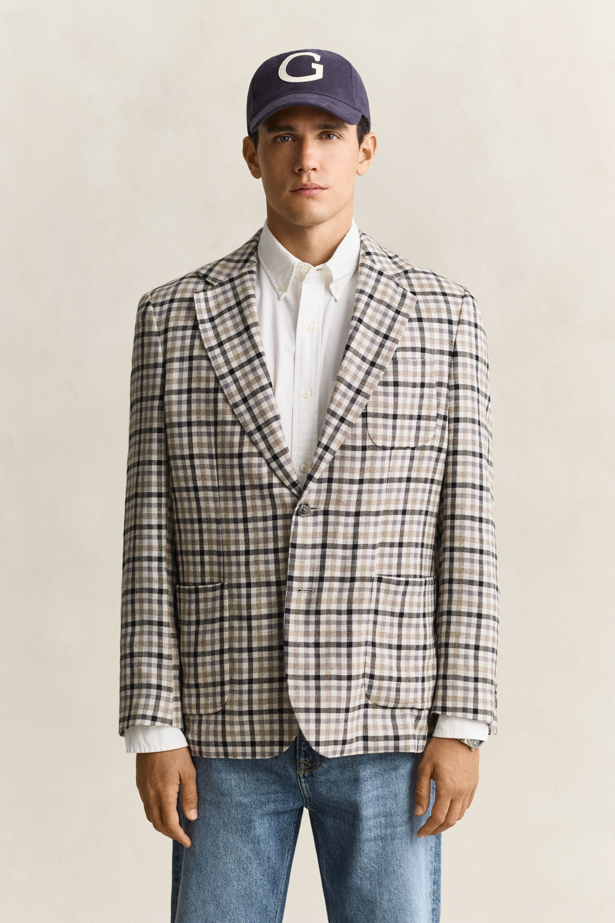 Veste blazer en lin et laine à carreaux
