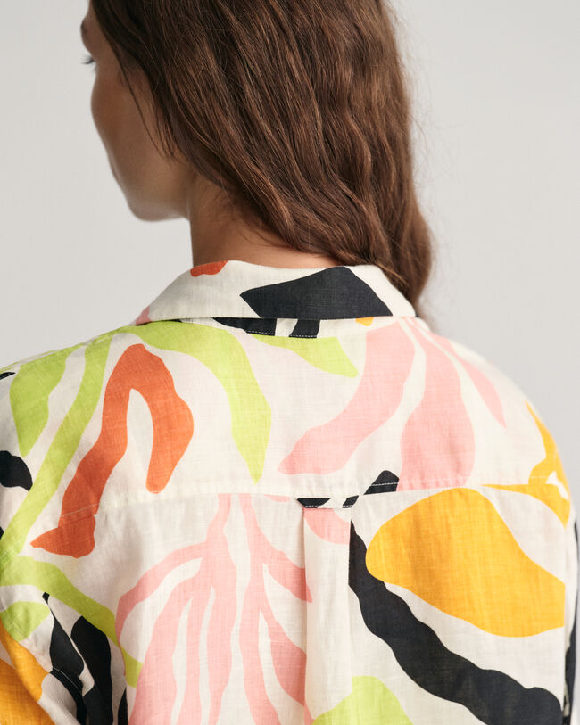 Relaxed Fit Palm Print Leinen Kurzarmbluse