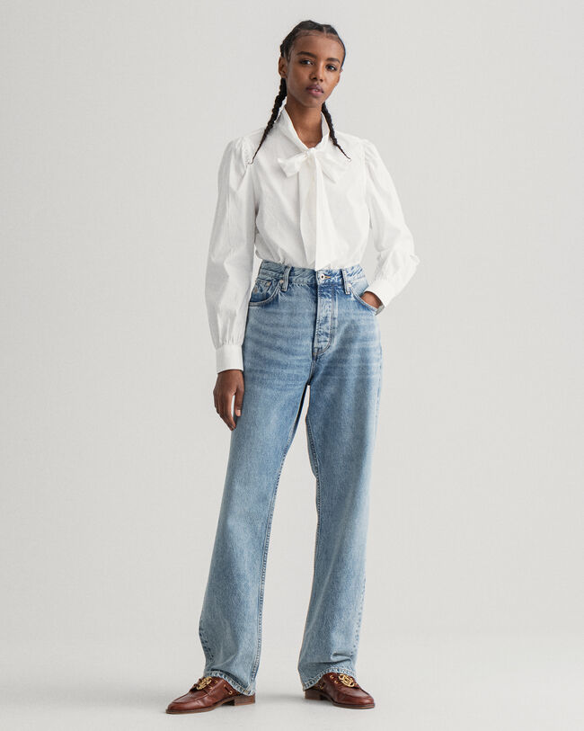 Oxford-Bluse mit Schluppe und Puffärmeln