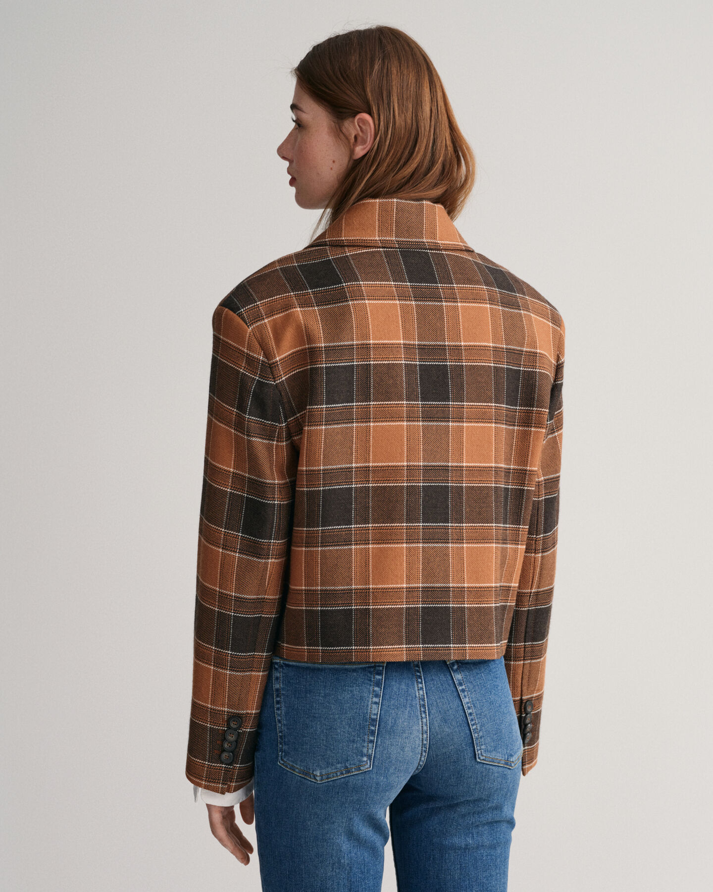 Verkürzte Woll Blazerjacke mit Karomuster