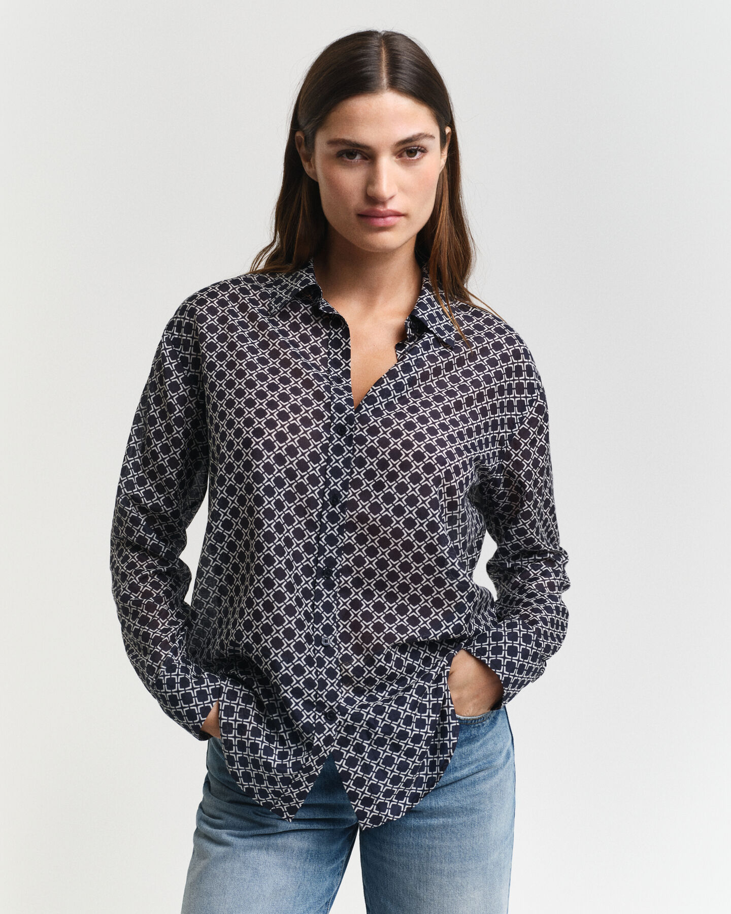 Relaxed Fit Geometric Baumwoll Seiden Bluse